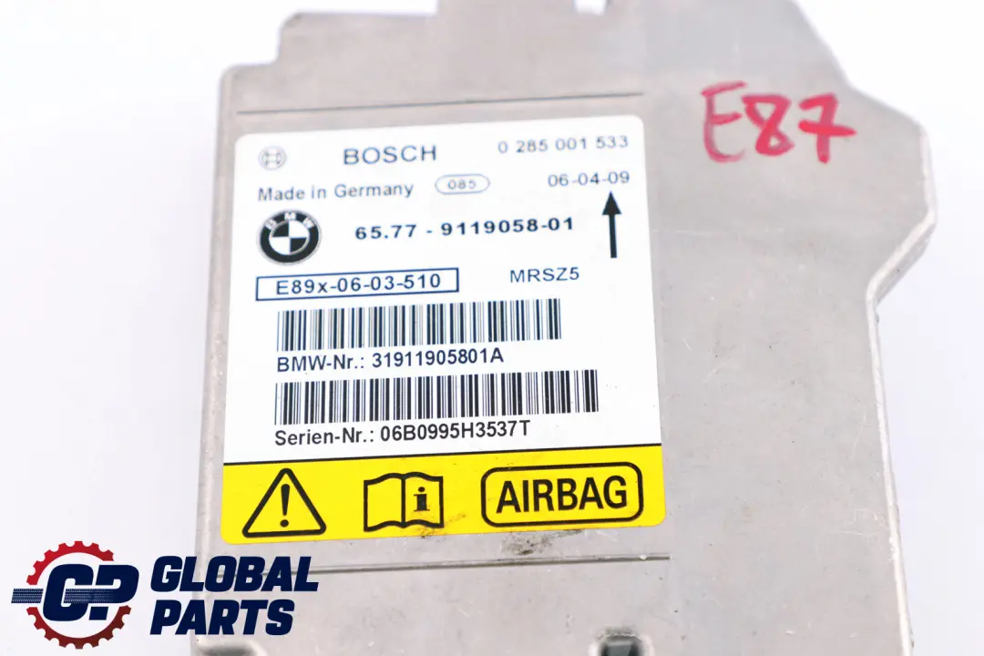 Airbag Control Unit ECU NO CRASH DATA to BMW E81 E87 E90 E91 with Part number 9119058 BMW E81 E87 E90 E91 Airbag Control Unit ECU NO CRASH DATA - SKU 9119058 - Part number 9119058
