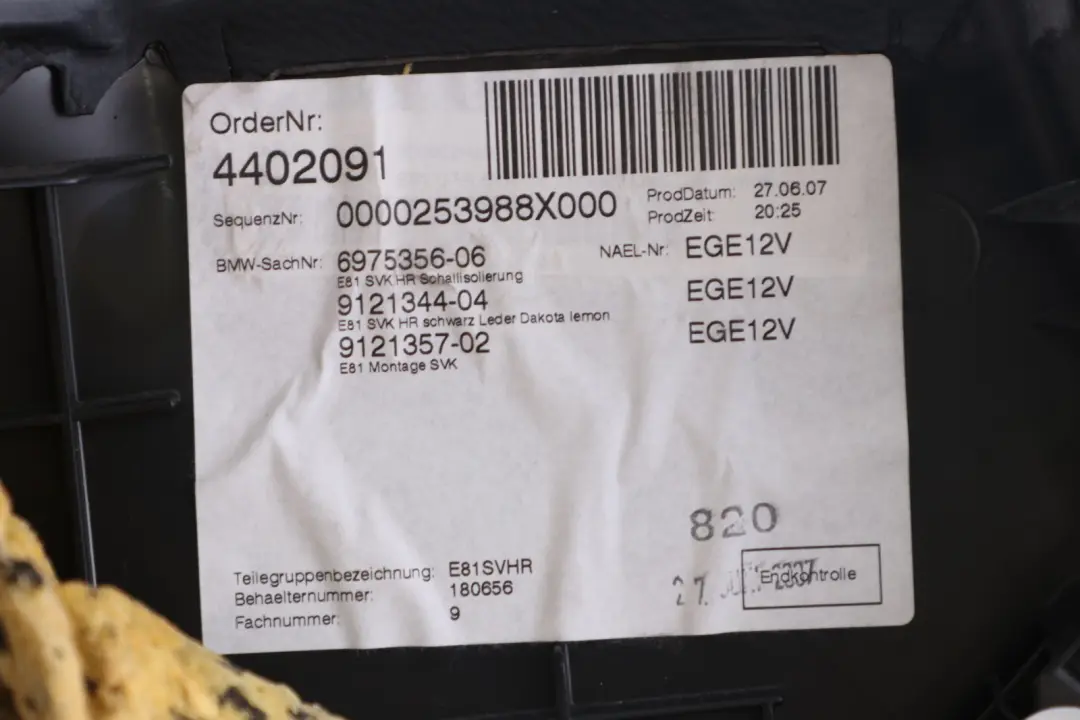 BMW 1 Series E81 Rear Right O/S Lateral Trim Panel Cover Leather Lemon - SKU 9121344 - Part number 9121344