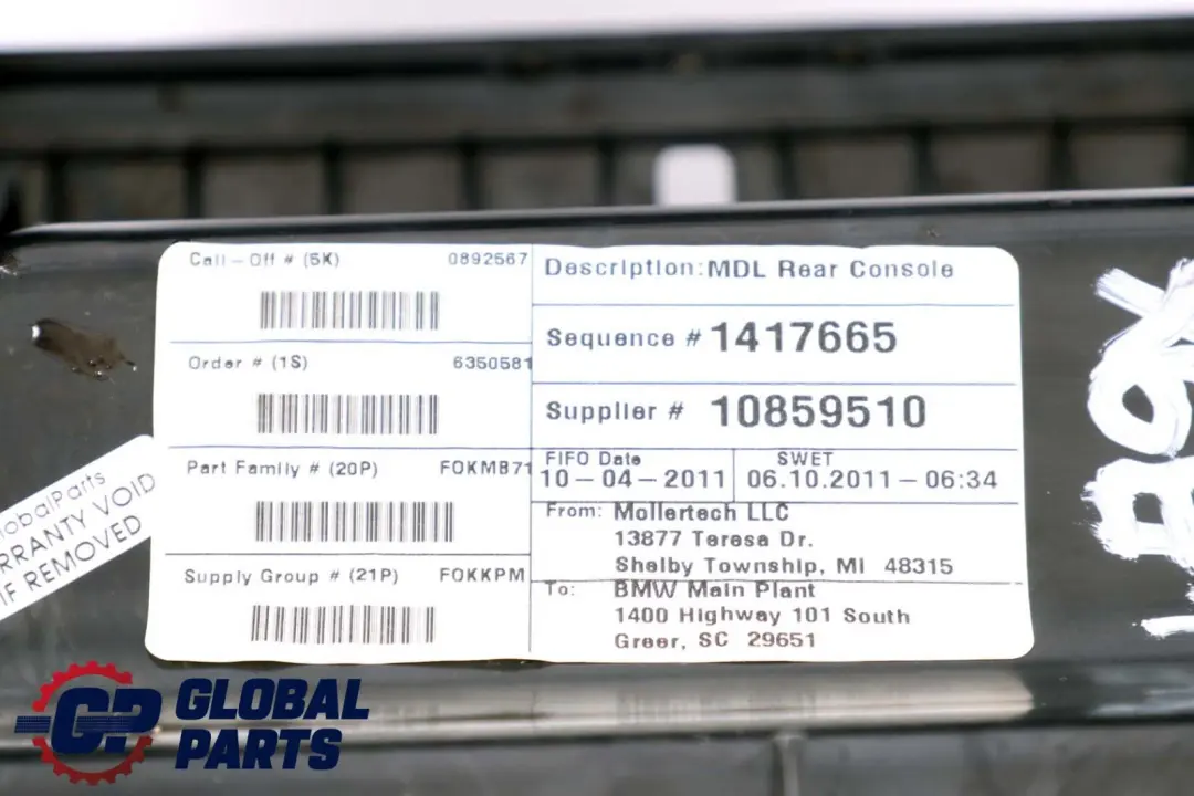 BMW X6 Serie E71 Soporte Consola Central Trasera Apoyabrazos Schwarz - SKU 9124421 - Número de pieza 9124421