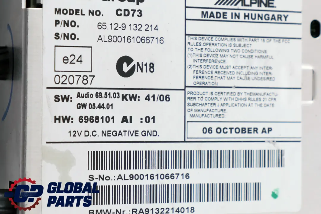 BMW E81 E87 E90 E91 E92 Radio CD Professional 6512 - SKU 9132214 - Numero di parte 9132214