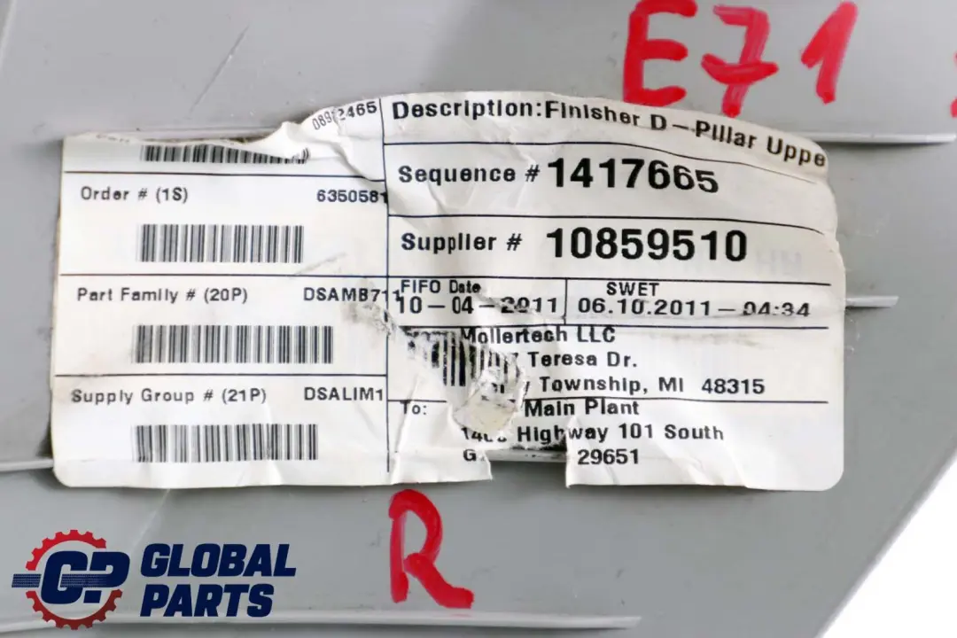 Column D Trim Himmelgrau Rear Right O/S to BMW X6 Series E71 Cover with Part number 6350581 BMW X6 Series E71 Cover Column D Trim Himmelgrau Rear Right O/S - SKU 9133650 - Part number 6350581