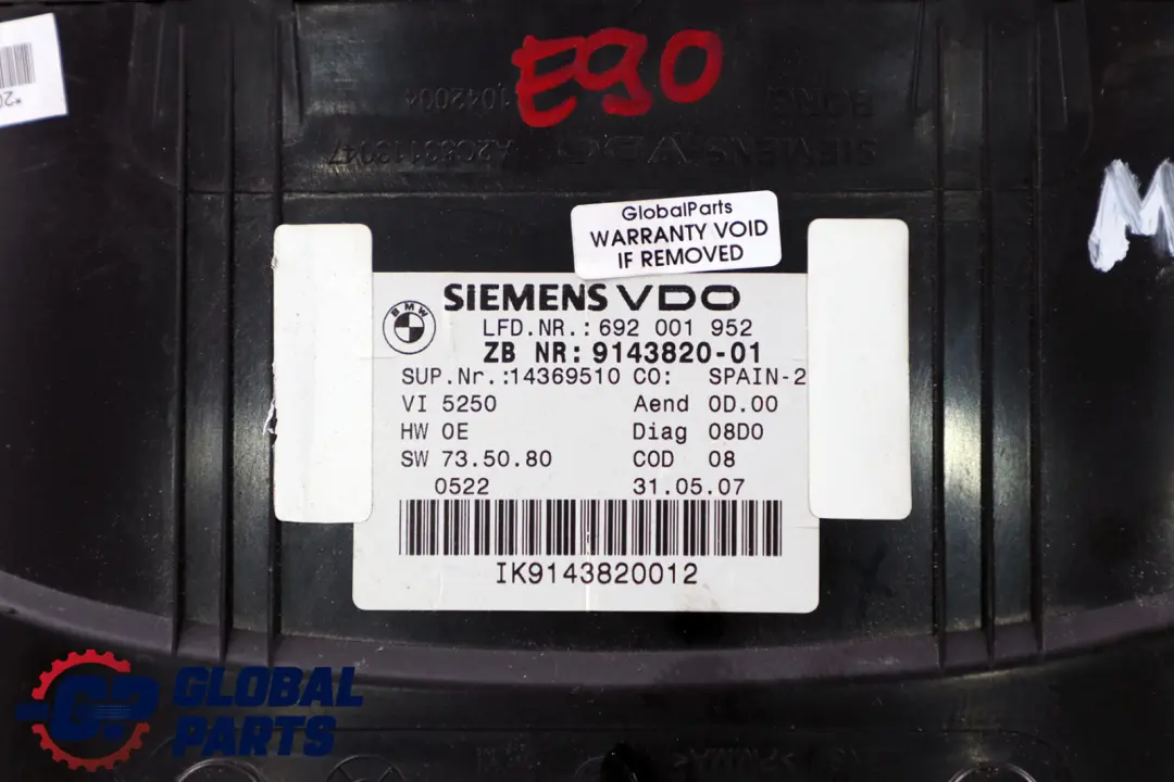 Instrument Cluster Speedo Clocks Petrol Manual to BMW 3 Series E90 E91 E92 with Part number 9143820 BMW 3 Series E90 E91 E92 Instrument Cluster Speedo Clocks Petrol Manual - SKU 9143820 - Part number 9143820