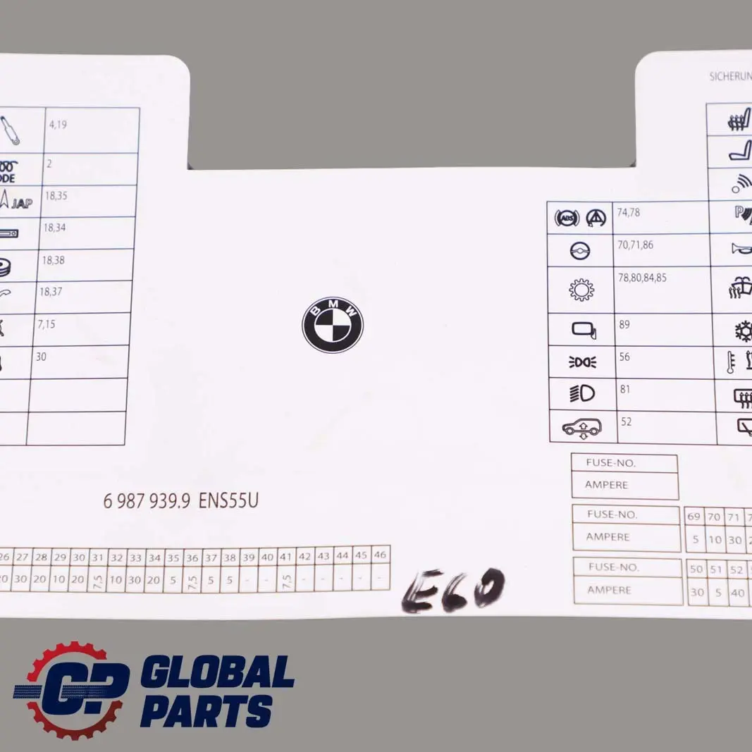 BMW 5 Series E60 Map Fuse Box Grouping Diagram 6987939 - SKU 9146587 - Part number 9146587