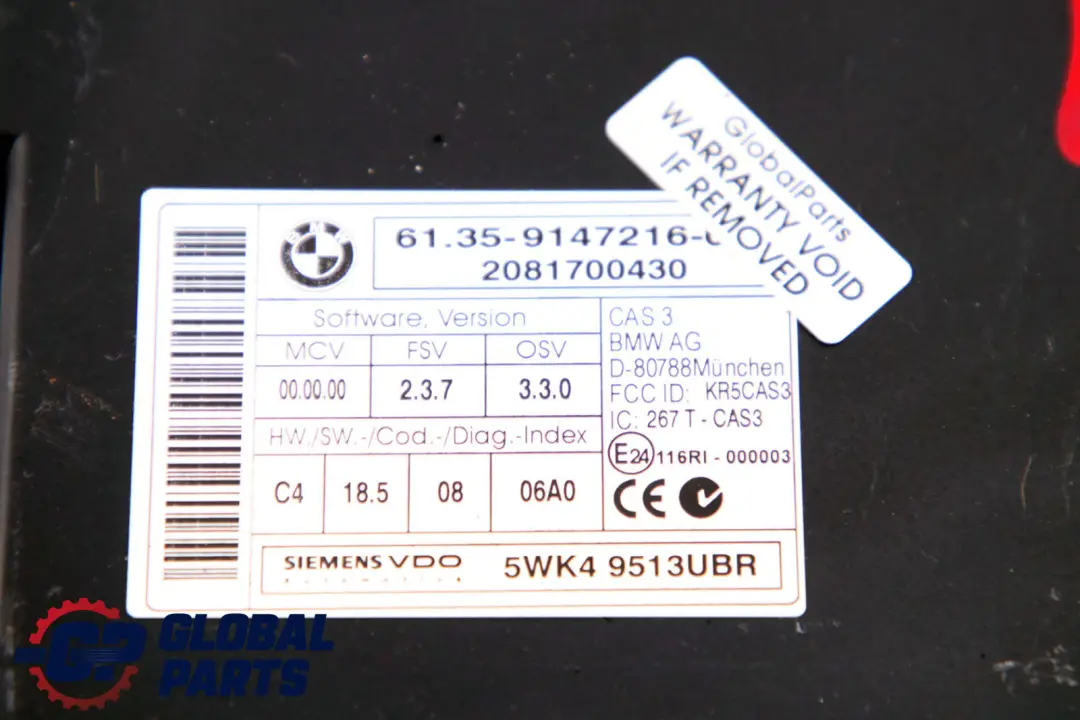 CAS 3 ECU Unidad de Control Módulo de Lectura de Llaves para BMW E60 E87 E90 con número de pieza 9147216 BMW E60 E87 E90 CAS 3 ECU Unidad de Control Módulo de Lectura de Llaves - SKU 9147216 - Número de pieza 9147216