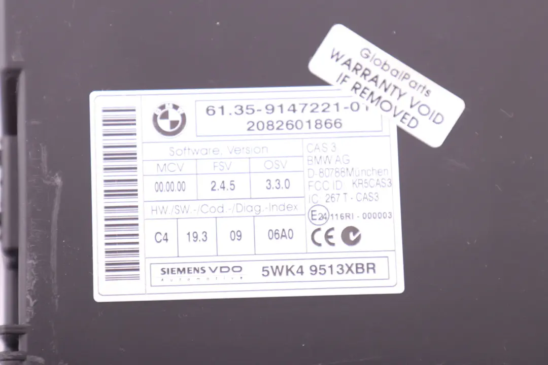 CAS 3 ECU Control Unit Key Reading Module BMW E60 E87 E90 - SKU 9147221 - Part number 9147221