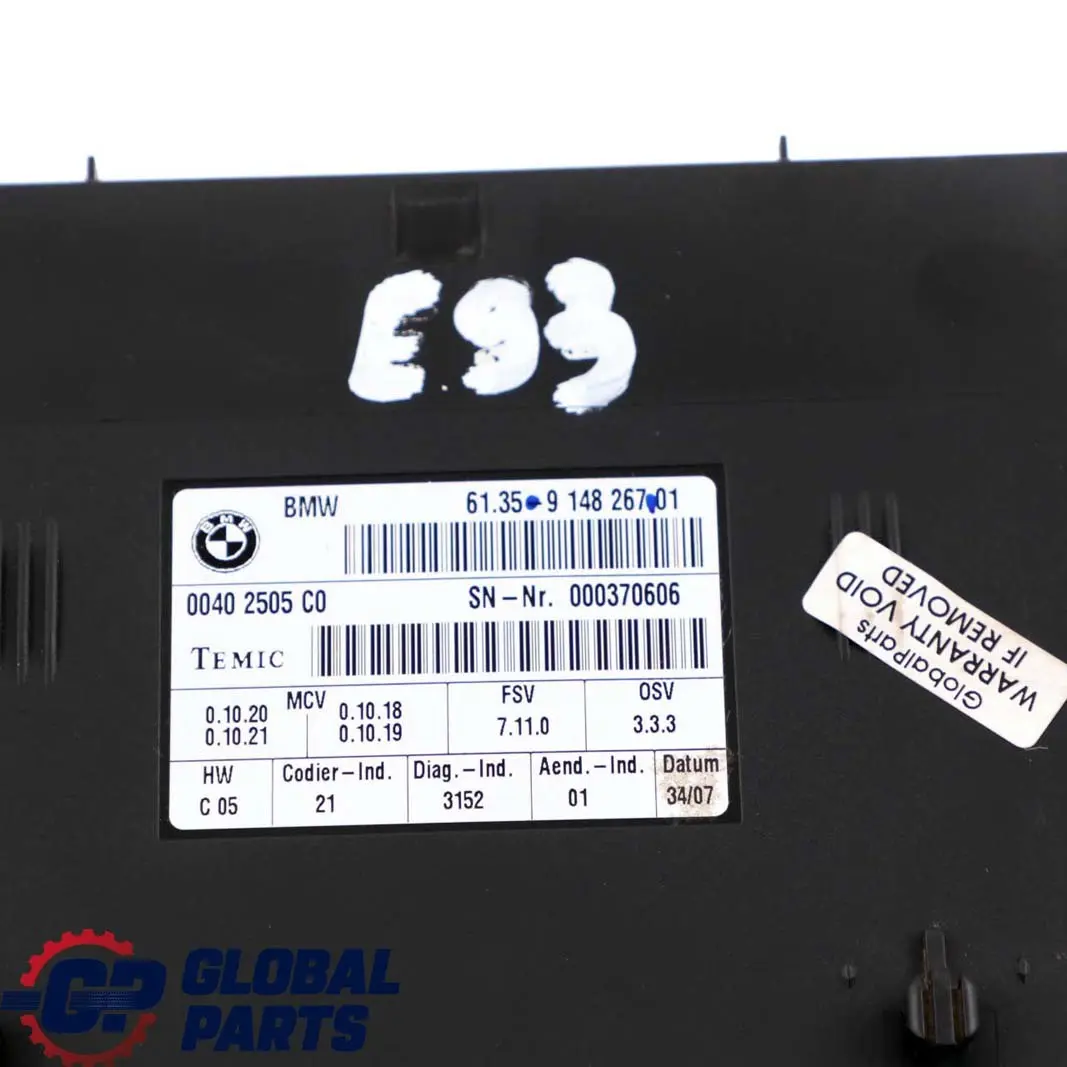 Module Commande Siege FSV 7.11.0 pour BMW E93 à propos du numéro de pièce 9148267 BMW E93 Module Commande Siege FSV 7.11.0 - SKU 9148267 - Numéro de pièce 9148267