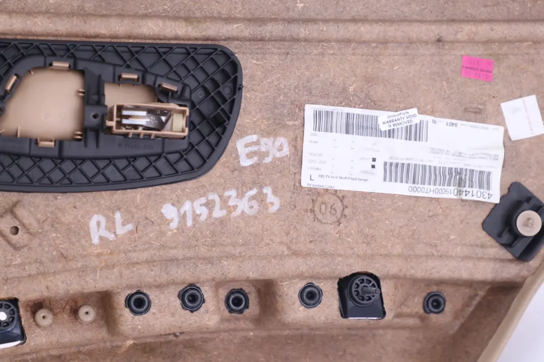 Left N/S Beige Door Card Lining Cloth Trim Panel to BMW 3 Series E90 Rear with Part number 9152363 BMW 3 Series E90 Rear Left N/S Beige Door Card Lining Cloth Trim Panel - SKU 9152363 - Part number 9152363