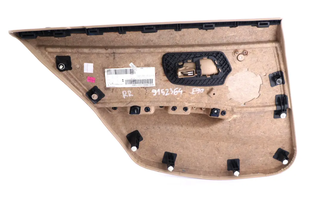 Right O/S Beige Door Card Lining Cloth Trim Panel to BMW 3 Series E90 Rear with Part number 9152364 BMW 3 Series E90 Rear Right O/S Beige Door Card Lining Cloth Trim Panel - SKU 9152364 - Part number 9152364