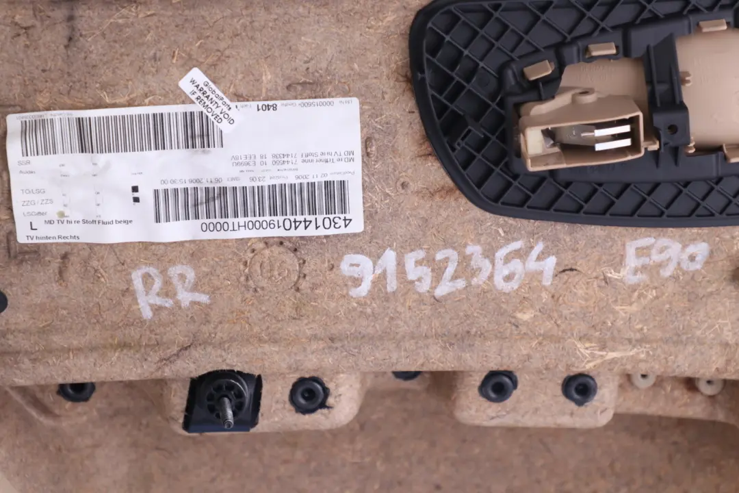 Right O/S Beige Door Card Lining Cloth Trim Panel to BMW 3 Series E90 Rear with Part number 9152364 BMW 3 Series E90 Rear Right O/S Beige Door Card Lining Cloth Trim Panel - SKU 9152364 - Part number 9152364