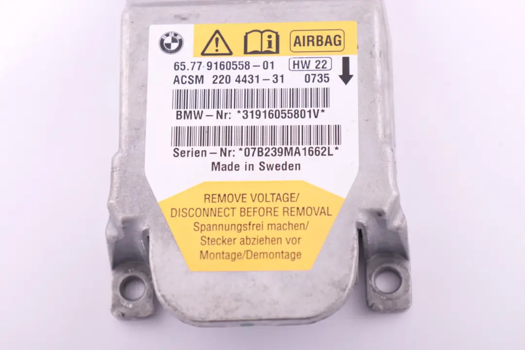 Airbag ECU Control Unit Module to BMW 5 Series E60 E60N E61 E61N LCI with Part number 9160558 BMW 5 Series E60 E60N E61 E61N LCI Airbag ECU Control Unit Module - SKU 9160558 - Part number 9160558