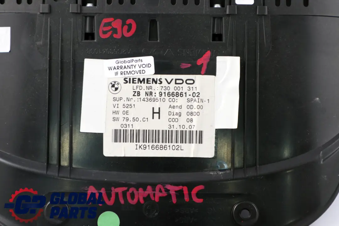 Automatico Quadro Strumenti Tachimetro per BMW 3 Series E90 E91 E92 Diesel con numero di parte 9166861 BMW 3 Series E90 E91 E92 Diesel Automatico Quadro Strumenti Tachimetro - SKU 9166861-1 - Numero di parte 9166861