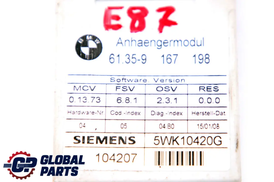 BMW E81 E87 E92 E93 Barra de remolque Gancho remolque Módulo Unidad de Control - SKU 9167198 - Número de pieza 9167198