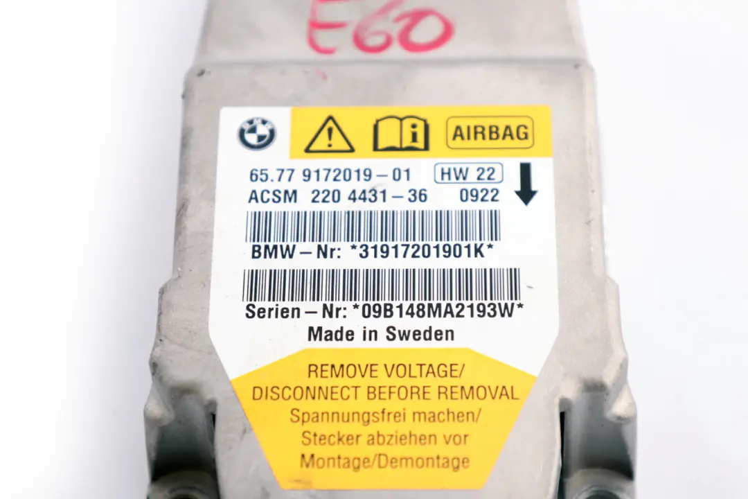 Airbag ECU Unidad De Control Modulo para BMW E60 E60N E61 E61N LCI con número de pieza 9172019 BMW E60 E60N E61 E61N LCI Airbag ECU Unidad De Control Modulo - SKU 9172019 - Número de pieza 9172019