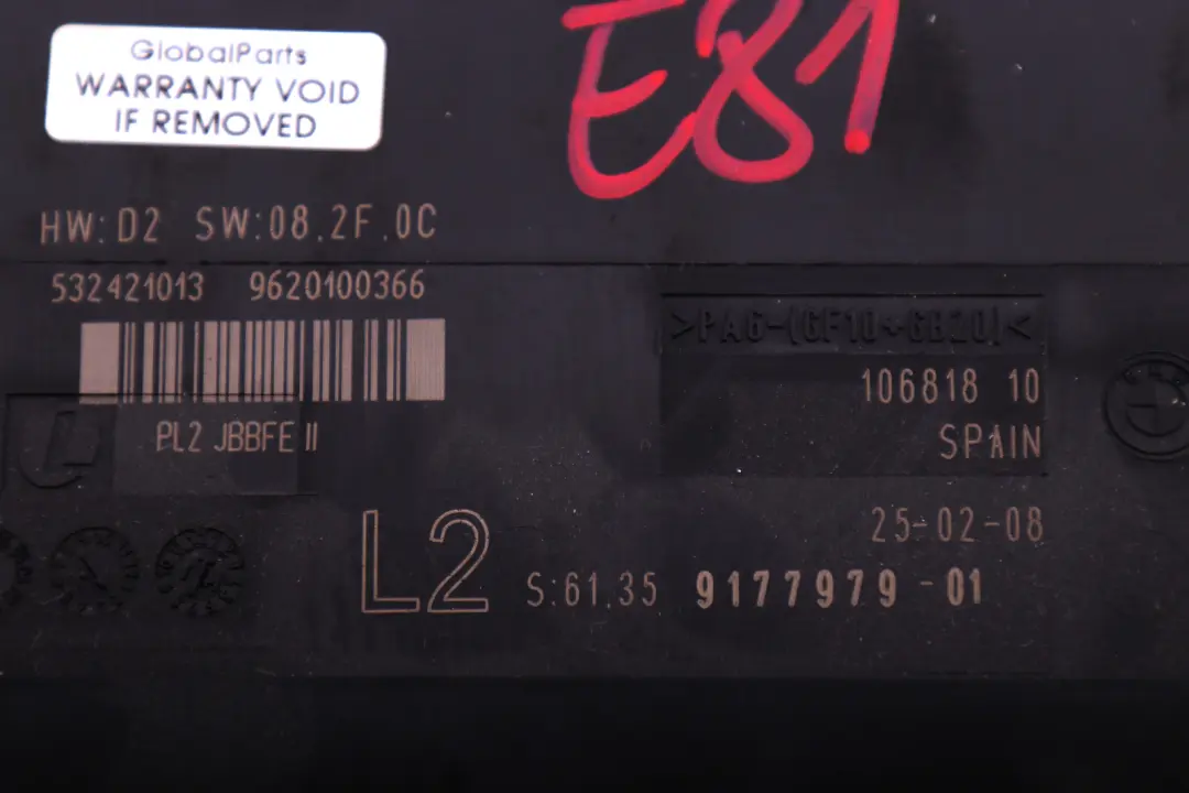 Centralina Elettrica Carrozzeria ECU L2 PL2 Jbbfe II per BMW E81 con numero di parte 9177979 BMW E81 Centralina Elettrica Carrozzeria ECU L2 PL2 Jbbfe II - SKU 9177979 - Numero di parte 9177979