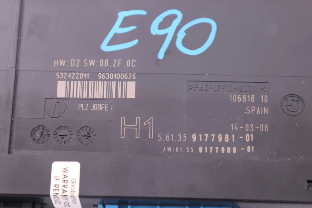 ECU Body Control Module H1 PL2 JBBFE2 to BMW E90 with Part number 9177981 BMW E90 ECU Body Control Module H1 PL2 JBBFE2 - SKU 9177981 - Part number 9177981