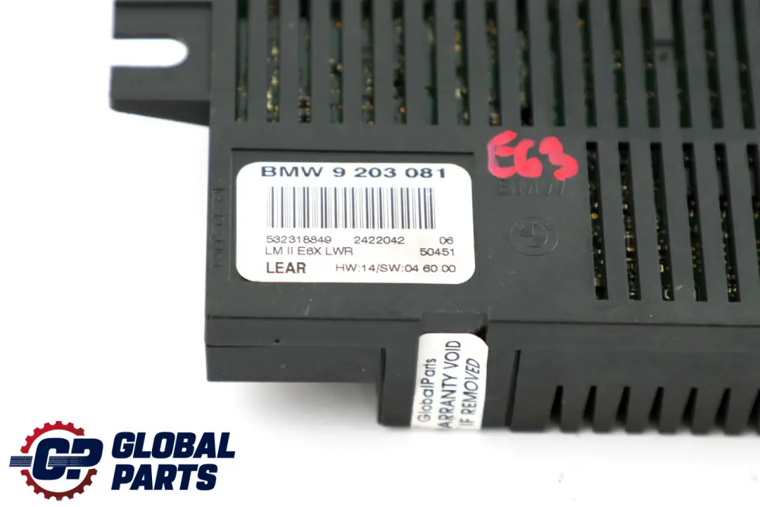 Módulo De Control De Luces LCM LM II E6X LWR para BMW E63 con número de pieza 9203081 BMW E63 Módulo De Control De Luces LCM LM II E6X LWR - SKU 9203081 - Número de pieza 9203081