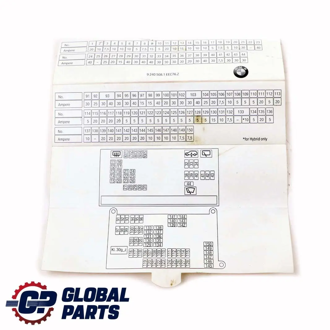 Fuse Map BMW X5 X6 E70 E71 Assignment Grouping Card - SKU 9240508 - Part number 9240508