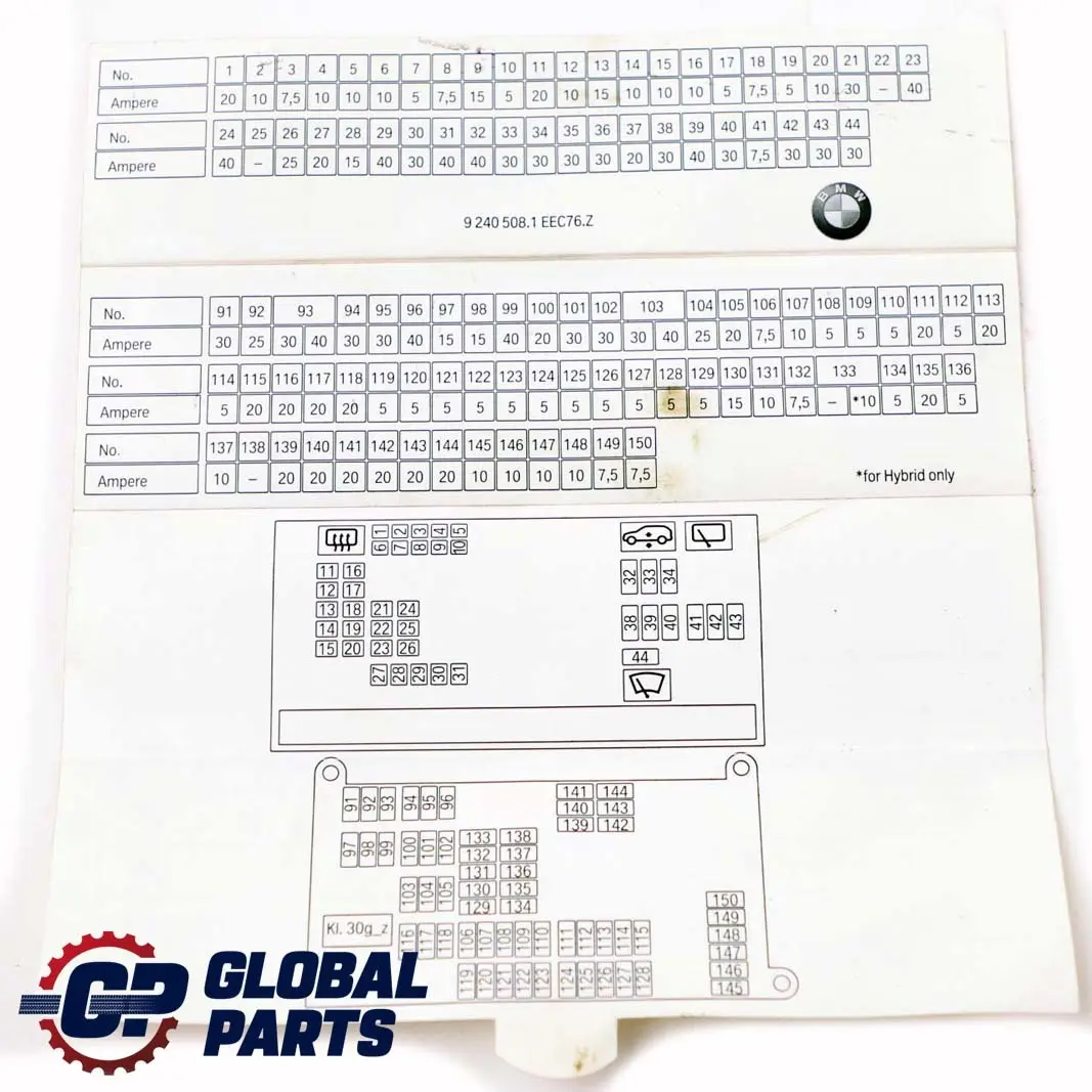  Fuse Map BMW X5 X6 E70 E71 Assignment Grouping Card - SKU 9240508 - Part number 9240508