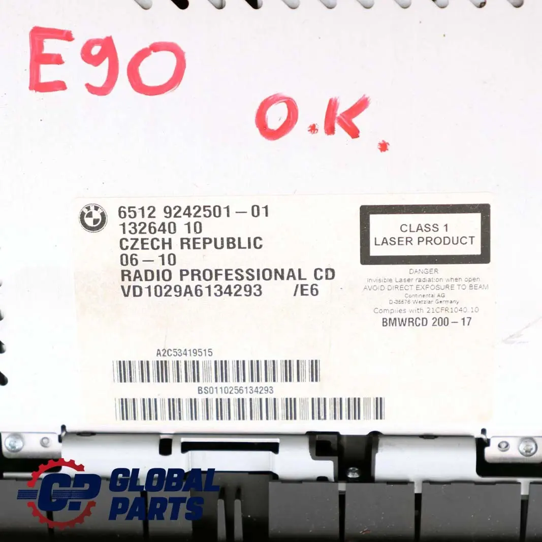 BMW E81 E82 E87 E88 E90 E91 E92 E93 Radio Professional CD - SKU 9242501 - Numéro de pièce 9242501