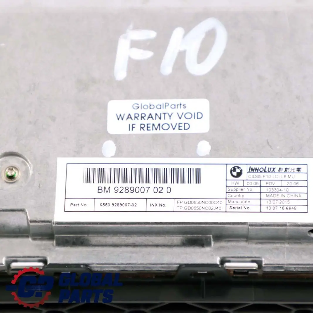 BMW F10 F11 Ecran central d'information de bord Moniteur 6,5" - SKU 9289007 - Numéro de pièce 9289007