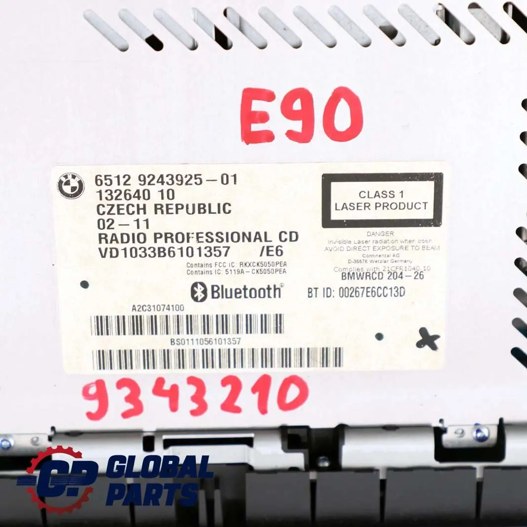  Radio CD BMW E81 E87 E90 E91 E92 LCI Professional DAB 9243925 - SKU 9343210 - Part number 9343210