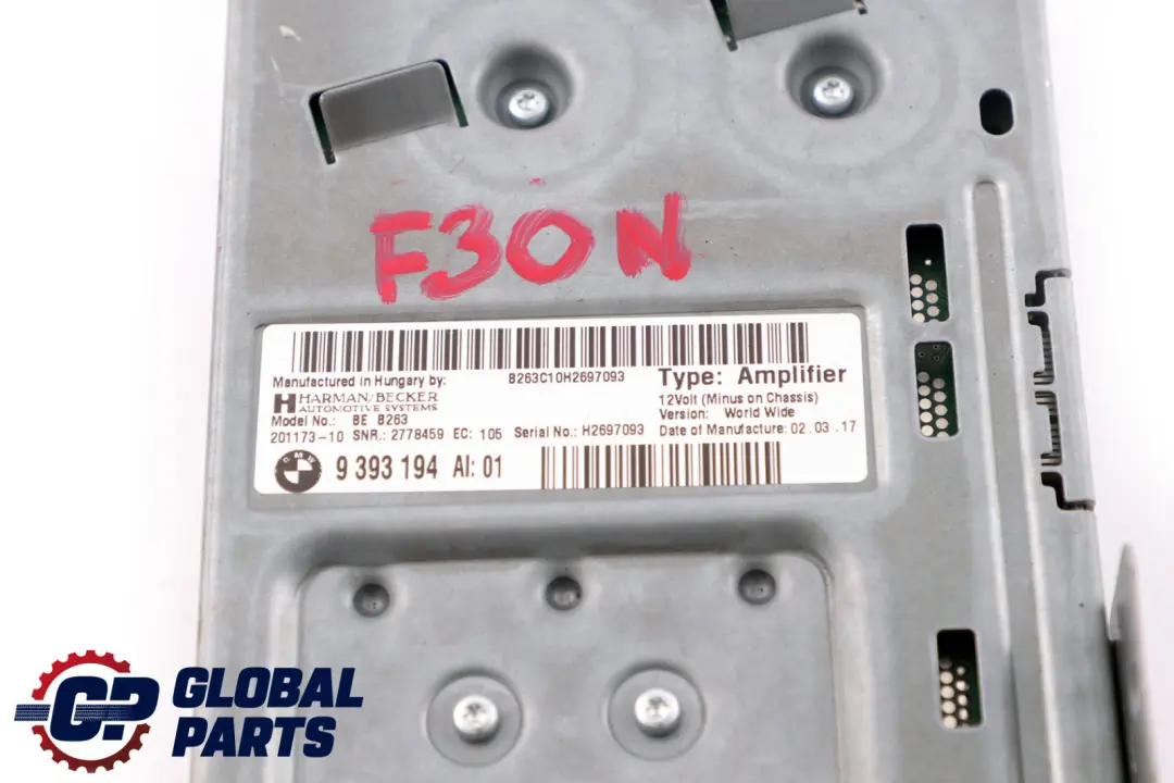 Top Hifi Sistema Amplificador Harman Kardon para BMW F30 F31 F32 LCI con número de pieza 9393194 BMW F30 F31 F32 LCI Top Hifi Sistema Amplificador Harman Kardon - SKU 9393194 - Número de pieza 9393194