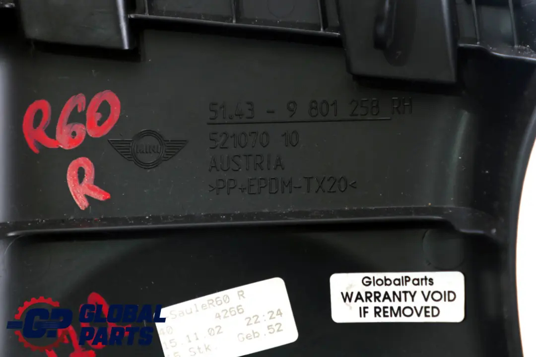 B-column Upper Right O/S Carbon Black to BMW MINI Countryman R60 Cover with Part number 9801258 BMW MINI Countryman R60 Cover B-column Upper Right O/S Carbon Black - SKU 9801262 - Part number 9801258