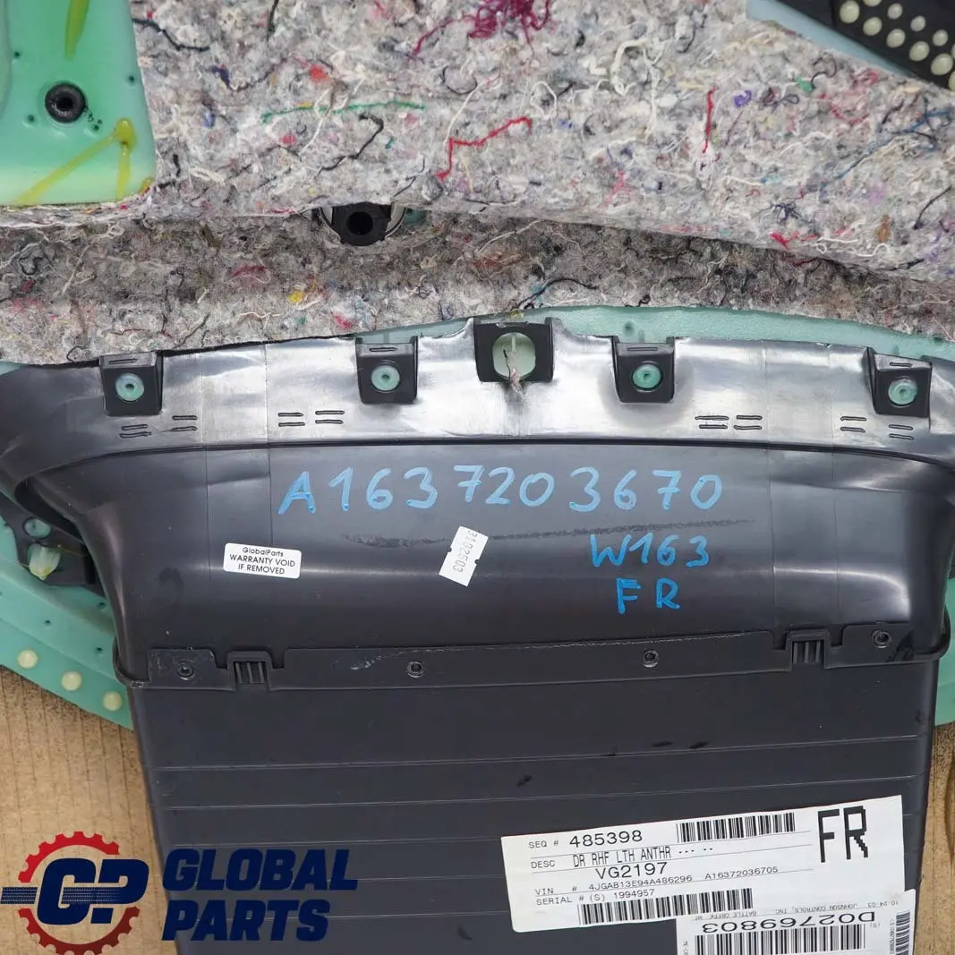  Mercedes-Benz ML W163 Front Right O/S Door Card Trim Panel Black Leather - SKU A1637203670 - Part number A1637203670