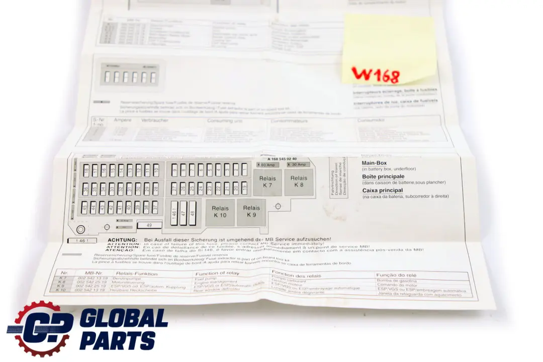 Mercedes A-Klasse W168 Produktspezifikation Sicherungszuordnung - SKU A1680045099 - Teilenummer A1680045099