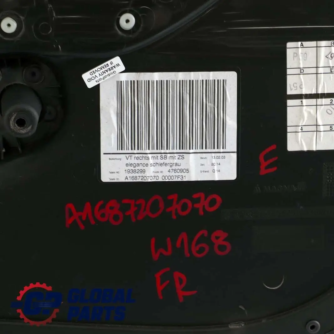 Mercedes A W168 Front Right O/S Door Card Trim Panel Cloth Slate Grey - SKU A1687207070 - Part number A1687207070
