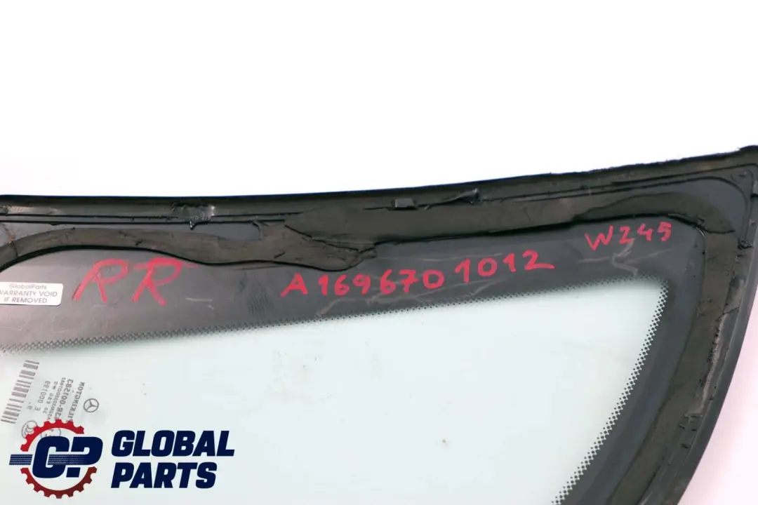 Right O/S Side Window Green Glass AS2 to Mercedes B-Class W245 Rear with Part number A1696701012 Mercedes B-Class W245 Rear Right O/S Side Window Green Glass AS2 - SKU A1696701012 - Part number A1696701012