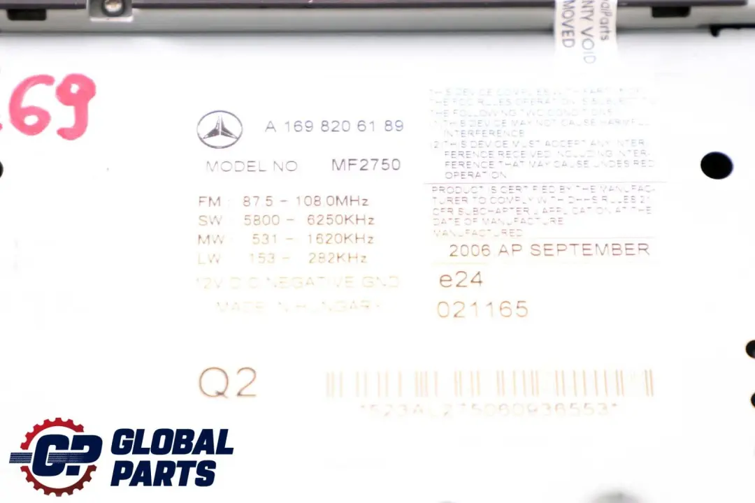 Mercedes-Benz A B Class W169 W245 CD Player Radio Audio Head Unit to with Part number A1698206189 Mercedes-Benz A B Class W169 W245 CD Player Radio Audio Head Unit - SKU A1698206189 - Part number A1698206189