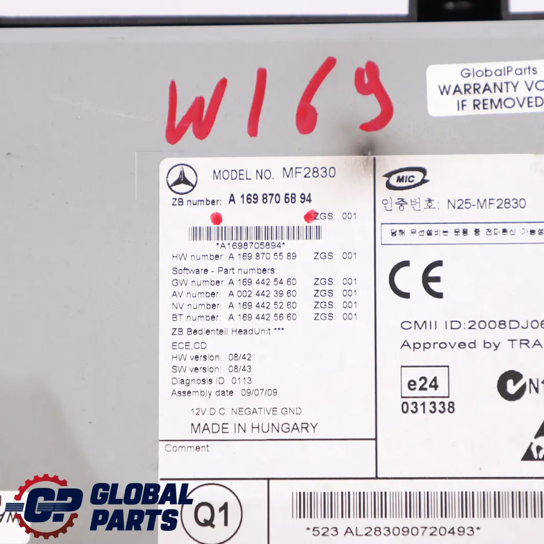 Reproductor de CD Radio Unidad principal estéreo para Mercedes W169 W245 con número de pieza A1698705894 Mercedes W169 W245 Reproductor de CD Radio Unidad principal estéreo - SKU A1698705894 - Número de pieza A1698705894