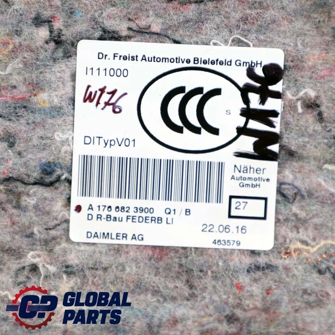 Mercedes-Benz A W176 Insulation Rear Left N/S Wheelhouse Wheel Arch to with Part number A1766823900 Mercedes-Benz A W176 Insulation Rear Left N/S Wheelhouse Wheel Arch - SKU A1766823900 - Part number A1766823900