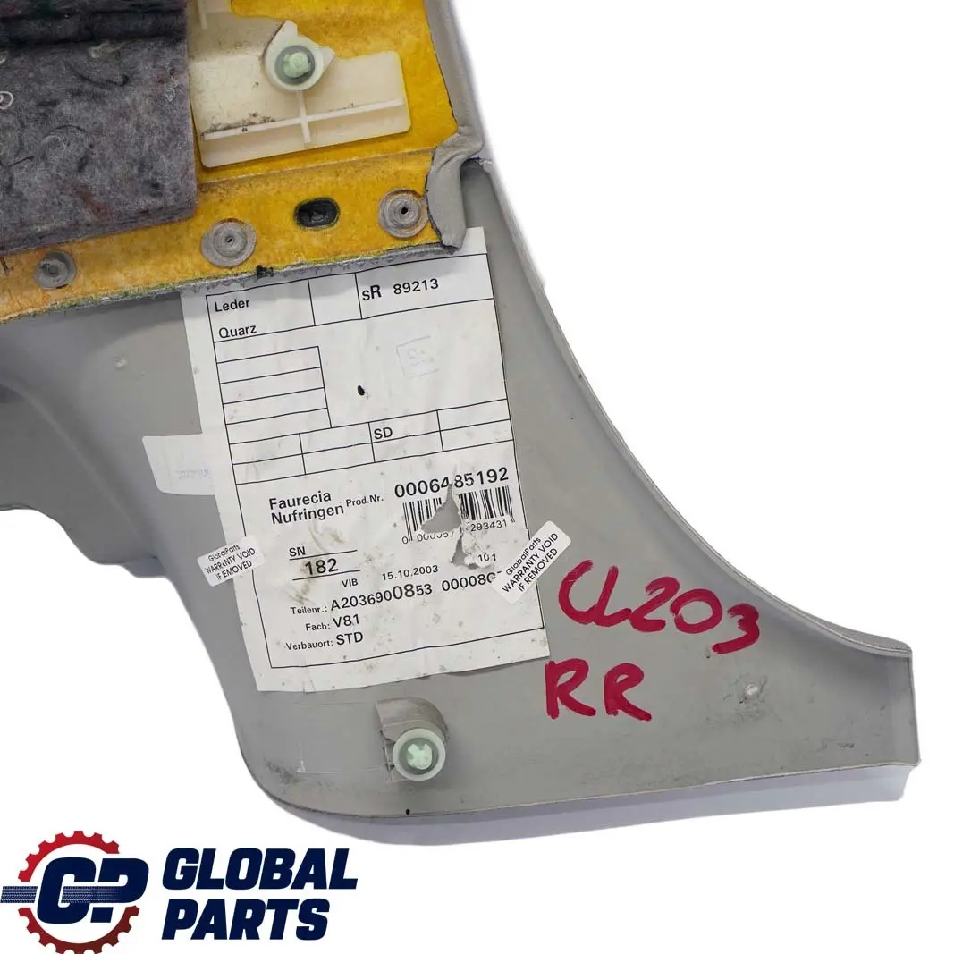 Trasero Derecho Lateral Panel De Embellecedor Cuero Cuarzo para Mercedes C CL203 con número de pieza A2036900853 Mercedes C CL203 Trasero Derecho Lateral Panel De Embellecedor Cuero Cuarzo - SKU A2036900853 - Número de pieza A2036900853