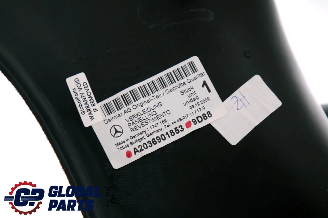 Trasera Derecha Lateral Panel Embellecedor Imitación Cuero Negro para Mercedes CL203 con número de pieza A2036901853 Mercedes CL203 Trasera Derecha Lateral Panel Embellecedor Imitación Cuero Negro - SKU A2036901853 - Número de pieza A2036901853