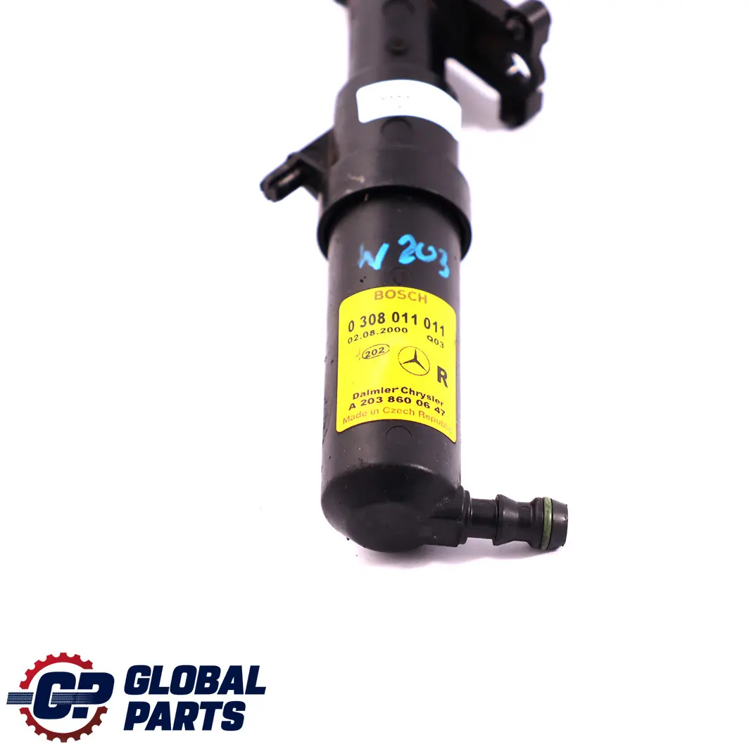 Faro delantero derecho Tobera del lavafaros para Mercedes W203 con número de pieza A2038600647 Mercedes W203 Faro delantero derecho Tobera del lavafaros - SKU A2038600647 - Número de pieza A2038600647