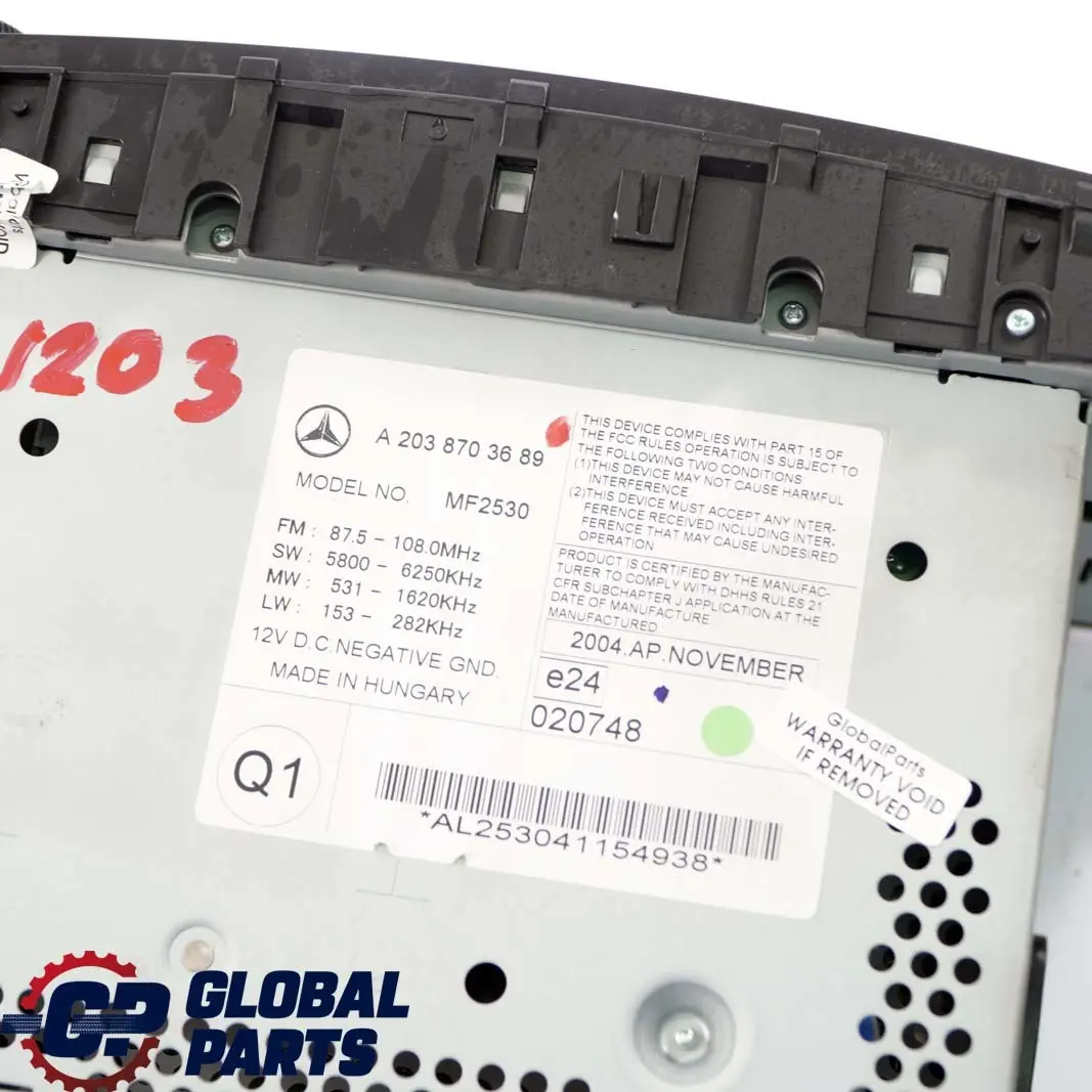 Mercedes-Benz C-Class W203 CD Media Player Radio Audio 20 Phone to with Part number A2038703689 Mercedes-Benz C-Class W203 CD Media Player Radio Audio 20 Phone - SKU A2038703689 - Part number A2038703689