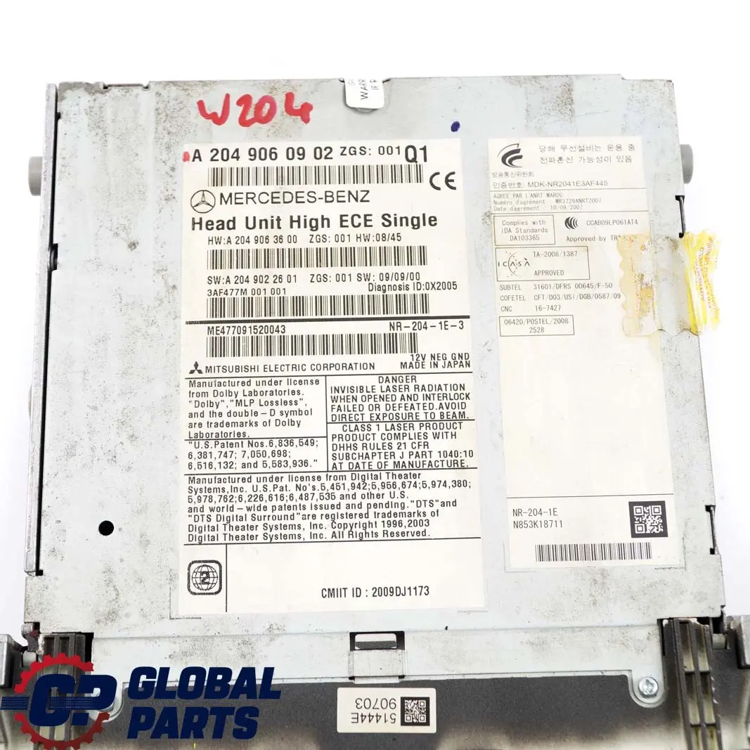 Mercedes-Benz W204 COMAND Navi CD Player Radio Head Unit to with Part number A2049060902 Mercedes-Benz W204 COMAND Navi CD Player Radio Head Unit - SKU A2049060902 - Part number A2049060902