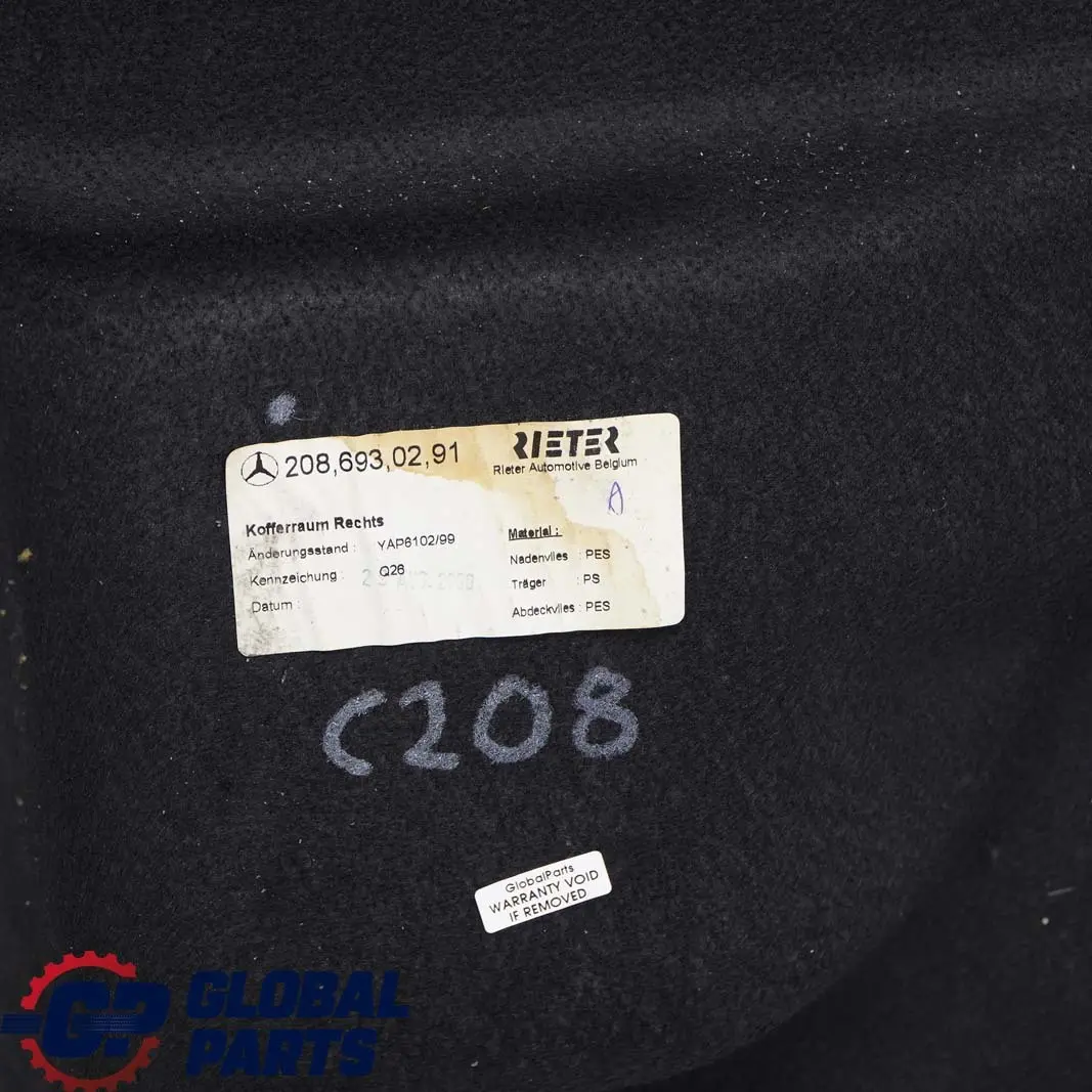 Mercedes-Benz CLK W208 Boot Trunk Right O/S Lateral Trim Panel to with Part number A2086930291 Mercedes-Benz CLK W208 Boot Trunk Right O/S Lateral Trim Panel - SKU A2086930291 - Part number A2086930291