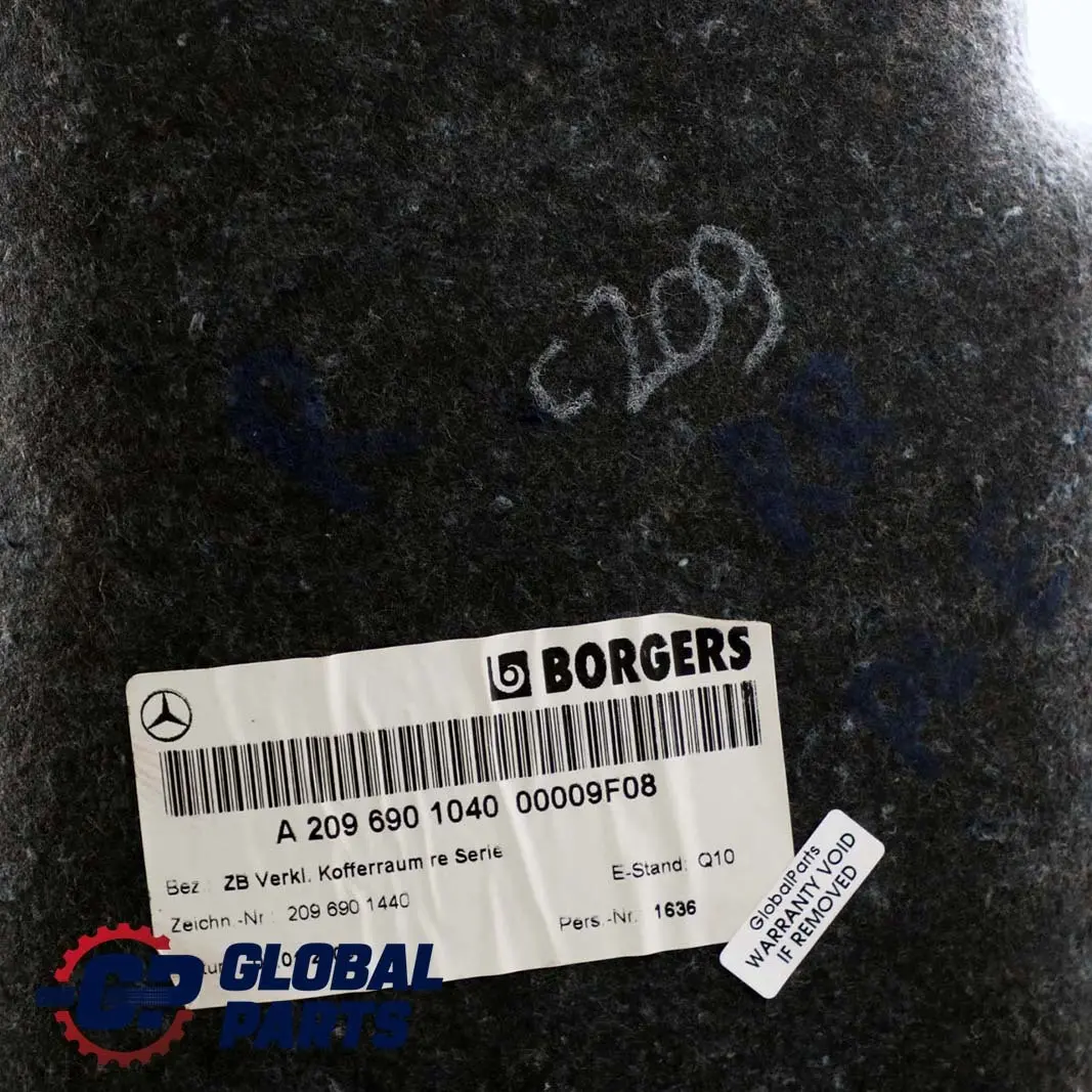 CLK-Class C209 Boot Carpet Trunk Luggage Lateral Trim Panel Right O/S to Mercedes with Part number A2096901040 Mercedes CLK-Class C209 Boot Carpet Trunk Luggage Lateral Trim Panel Right O/S - SKU A2096901040 - Part number A2096901040