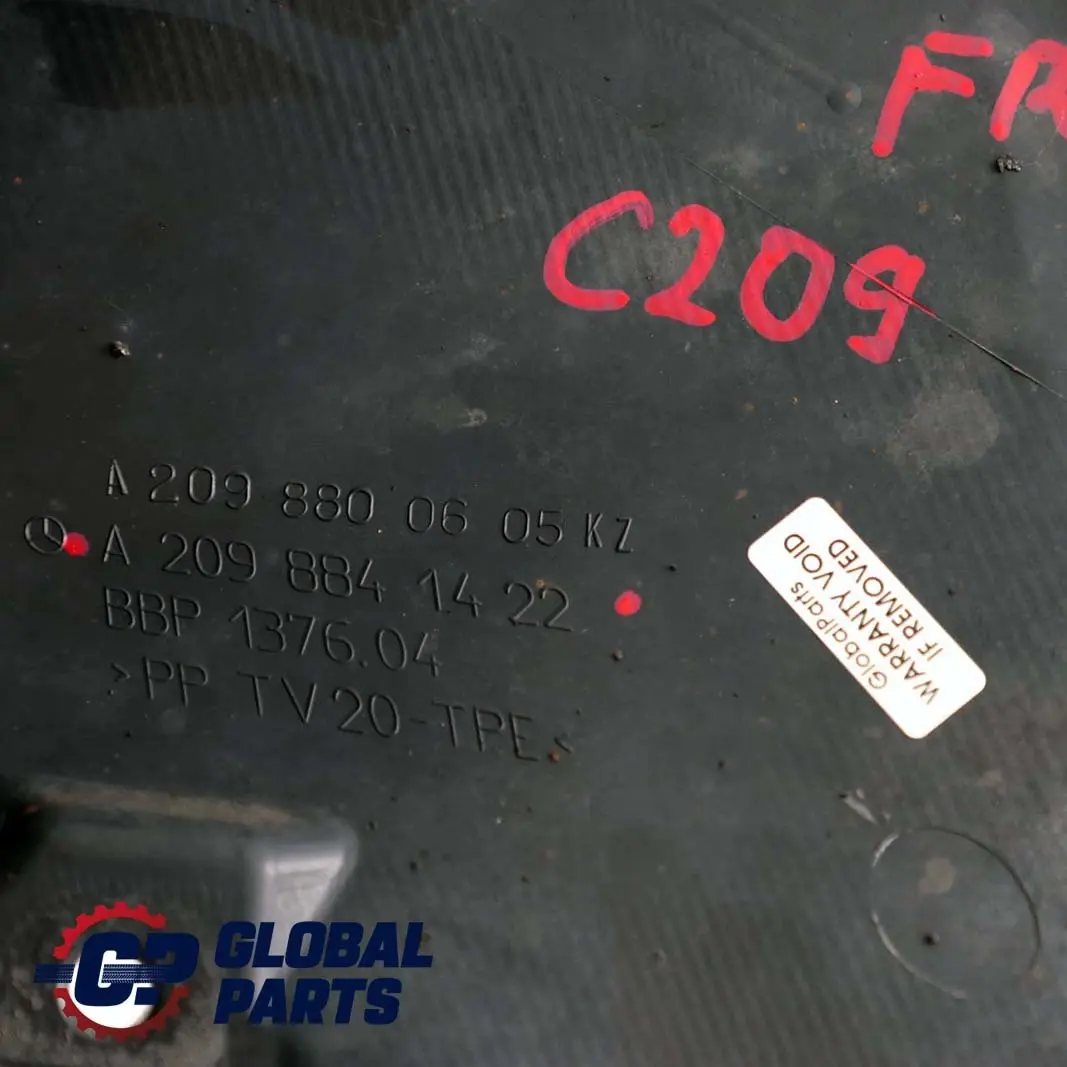 Couvercle de fond d'aile avant droite pour Mercedes C209 W209 à propos du numéro de pièce A2098841422 Mercedes C209 W209 Couvercle de fond d'aile avant droite - SKU A2098841422 - Numéro de pièce A2098841422