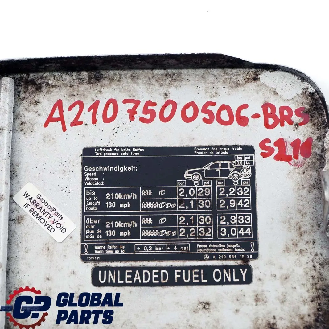 Mercedes-Benz E S210 Fuel Filler Flap Cover Brillantsilber 744 Brilliant Silver to with Part number A2107500506 Mercedes-Benz E S210 Fuel Filler Flap Cover Brillantsilber 744 Brilliant Silver - SKU A2107500506-BRS - Part number A2107500506