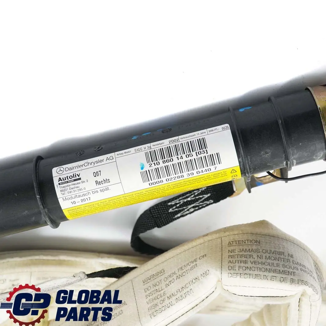 Airbag testa tettuccio a tendina destra per Mercedes W210 S210 con numero di parte A2108601405 Mercedes W210 S210 Airbag testa tettuccio a tendina destra - SKU A2108601405 - Numero di parte A2108601405