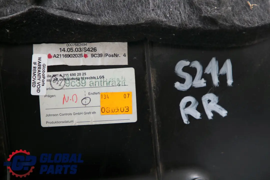 Right O/S Boot Trunk Loading Compartment Trim Black to Mercedes E-Class S211 Rear with Part number A2116902025 Mercedes E-Class S211 Rear Right O/S Boot Trunk Loading Compartment Trim Black - SKU A2116902025 - Part number A2116902025