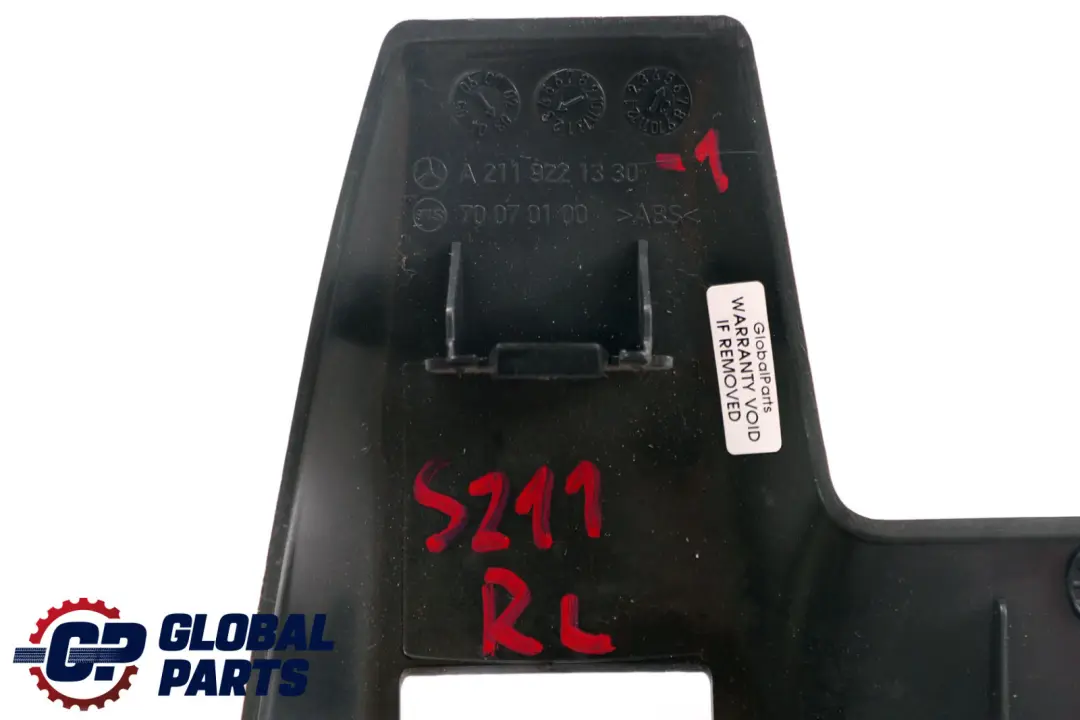 Left N/S Seat Cover Support Trim Black to Mercedes E-Class 1 S211 Rear with Part number A2119221330 Mercedes E-Class 1 S211 Rear Left N/S Seat Cover Support Trim Black - SKU A2119221330-1 - Part number A2119221330
