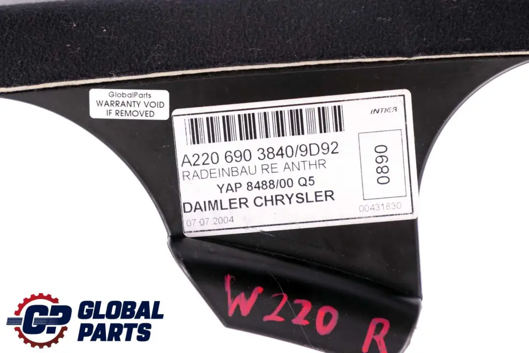  Mercedes-Benz S-Class W220 Rear Right Inner Pillar Cover Trim Black - SKU A2206903840 - Part number A2206903840