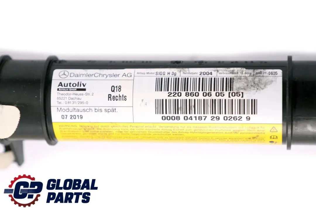 Head Airbag Cortina de Techo Derecho Lado para Mercedes W220 con número de pieza A2208600605 Mercedes W220 Head Airbag Cortina de Techo Derecho Lado - SKU A2208600605 - Número de pieza A2208600605