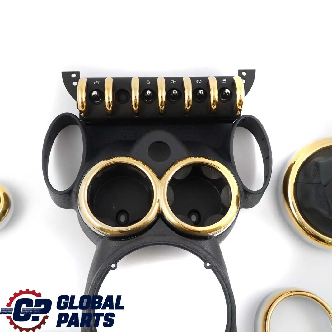 Dekor Set Armaturenbrett Zierblende Mittelkonsole Gold für BMW Mini One R50 mit Teilenummer R50 Set Dash BMW Mini One R50 Dekor Set Armaturenbrett Zierblende Mittelkonsole Gold - SKU R50 Set Dash Gold - Teilenummer R50 Set Dash