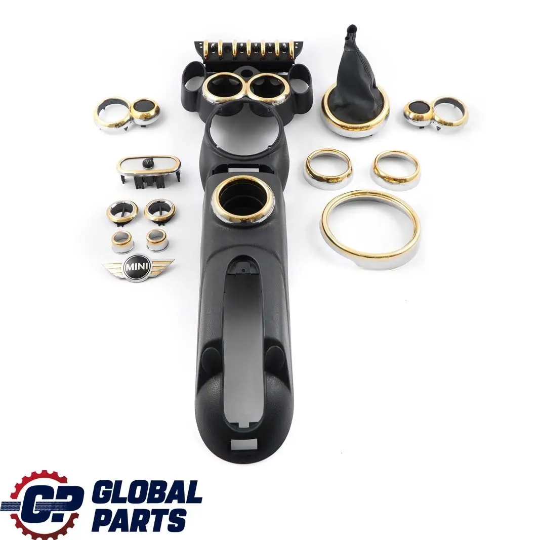 Dekor Set Armaturenbrett Zierblende Mittelkonsole Gold für BMW Mini One R50 mit Teilenummer R50 Set Dash BMW Mini One R50 Dekor Set Armaturenbrett Zierblende Mittelkonsole Gold - SKU R50 Set Dash Gold - Teilenummer R50 Set Dash